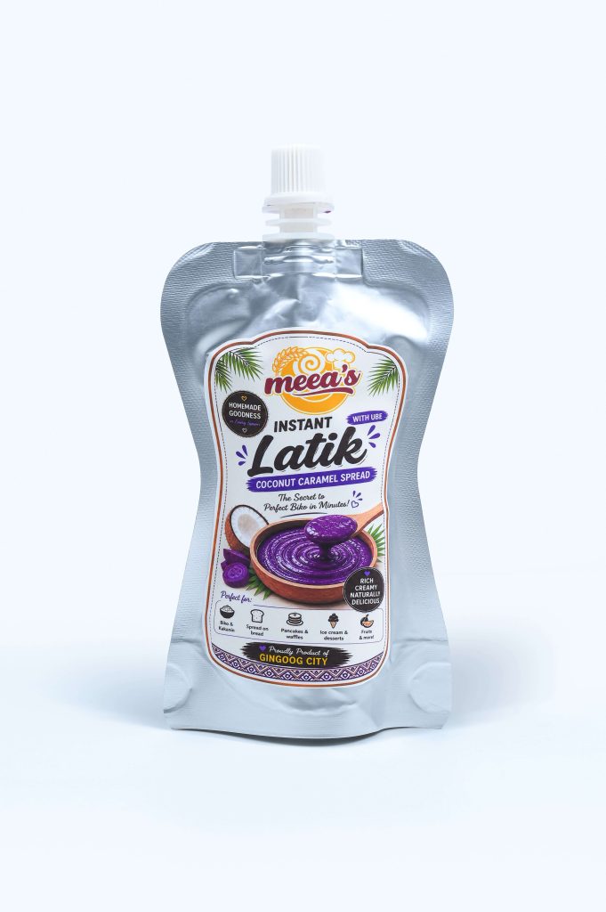 Single pouch packaging of Meea's Instant Latik Coconut Caramel Spread isolated on a plain white background